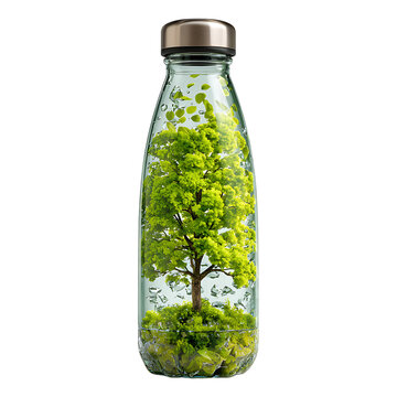 Green tree growing inside clear reusable glass water bottle with metallic lid. conceptual eco frie