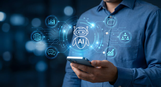 man holding smartphone with ai robot and icons - Powered by Adobe