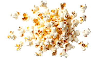 Overhead shot of a fluffy, golden-hued popcorn cluster against a stark black background