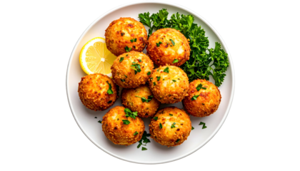 Golden-brown, breaded, spherical food on a white plate with parsley and lemon