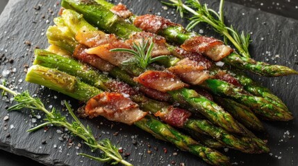 Fresh asparagus wrapped in crispy bacon is served on a black stone plate. The dish is garnished with herbs and spices ready for dinner. The setting looks inviting and delicious.