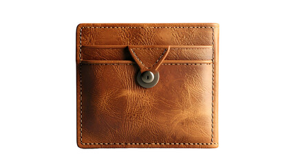 A top-down shot of a rectangular, weathered brown leather wallet with snap closure and card slots