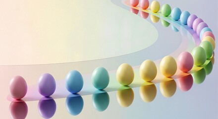 Row of colorful pastel Easter eggs in a rainbow spectrum. Modern minimalist holiday concept with reflection and copy space for a banner