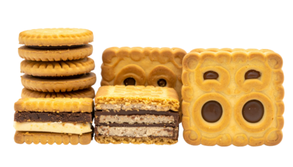 Assorted sandwich cookies, with various fillings and shapes, stacked and arranged