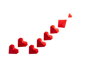 A rising line of origami hearts and squares ascends on a black background