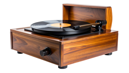 Wooden record player with a black vinyl record playing, showcasing its design
