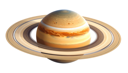 A photorealistic rendering of a gas giant planet with prominent rings against a black background