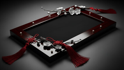 Sophisticated dark wood frame with silver plum blossoms, crimson tassels, and pearls against a moody grey. Ideal for Lunar New Year greetings, luxury brand promotions, high-end invitations,