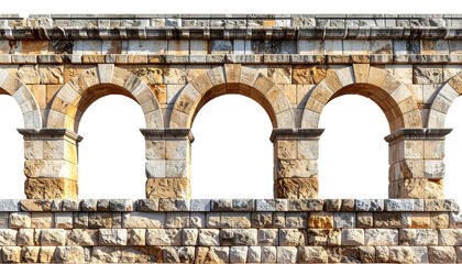Ancient stone arched structure with repeating openings, cut out against white, detailed