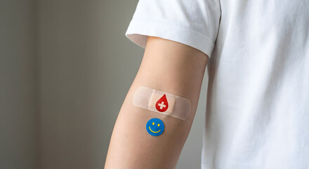 Blood donation concept with smiling band aid