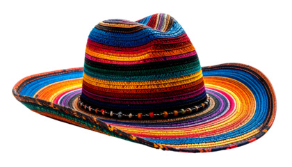 Colorful woven hat with wide brim, vibrant stripes, and decorative beaded band