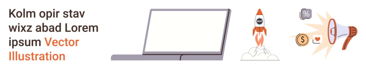 Business growth, startup development, digital technology, innovation, financial strategy, project management. Laptop, rocket currency sign and ideas symbol. Business growth and startup development