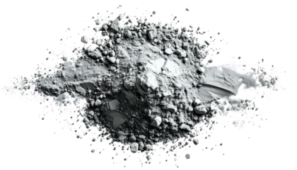 A pile of fine, gray powder with a rough texture, isolated against a black background