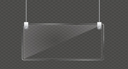 Transparent glass hanging signage mockup, shop, office, store signage for branding