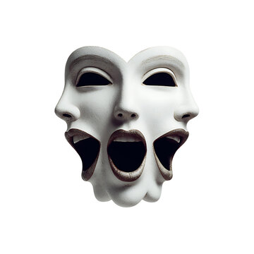 Surreal white face mask with multiple open mouths. distorted features. and cracked texture. 3D ren