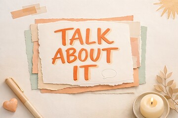 Talk about It Communication Signage Featuring Warm Text Colors With Paper Layers Creating A Cozy Atmosphere Enhancing Emotional Connections Through Open Dialogue