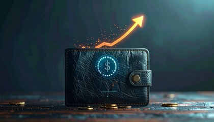 Financial Growth: A conceptual image illustrating the upward trajectory of finance, with an animated arrow rising from a wallet, signifying financial growth, prosperity, and successful investments.