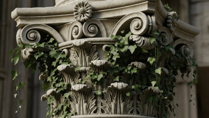 Ornate Stone Column with Intricate Carvings and Lush Greenery.
