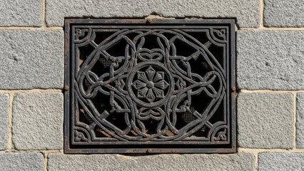 Ornate Metal Grate Embedded in Stone Wall, Architectural Detail.