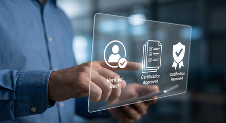 man interacting with transparent screen security icons