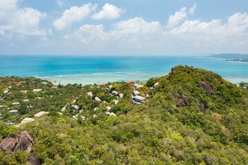 Aerial top view of Samui island Thailand form drone blue sky, white beach and green blue sea