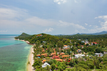 Aerial top view of Samui island Thailand form drone blue sky, white beach and green blue sea