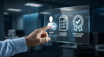 hand interacting with transparent digital screen displaying verification icons