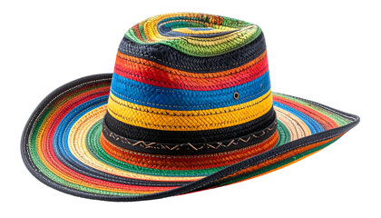A colorful, striped fedora-style hat with a wide brim, boasting vibrant rainbow hues