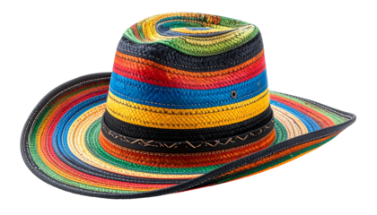 A colorful, striped fedora-style hat with a wide brim, boasting vibrant rainbow hues