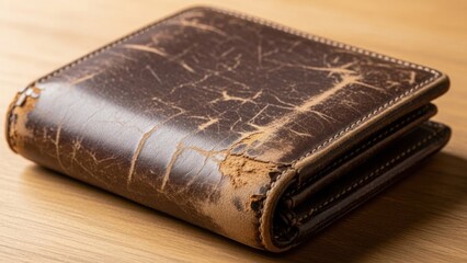 Vintage Brown Leather Wallet on Wooden Surface.