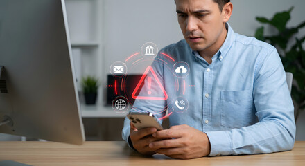 man using phone with security warning icons floating above