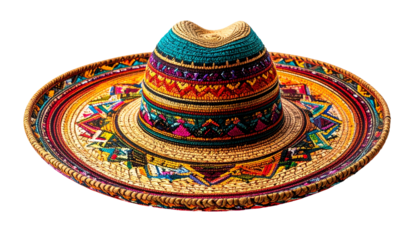 Colorful sombrero hat, vibrant woven straw, intricate patterns, isolated on a black background