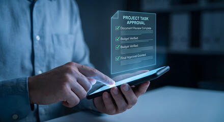 man holding tablet with virtual project task approval checklist
