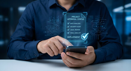 man using smartphone with project approval status on screen