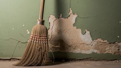 Broom leaning against damaged wall with peeling paint, old building.