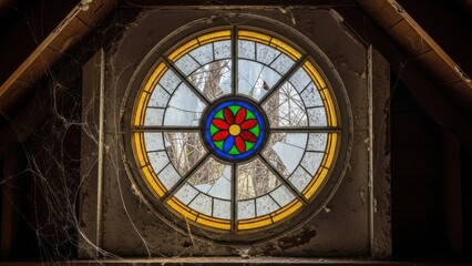 Circular stained glass window in an old building with spiderwebs.