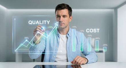 Businessman analyzing quality and cost graph