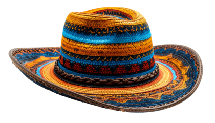 A vibrantly colored hat with intricate woven patterns and braided accents