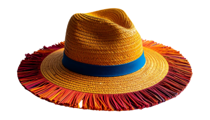 Straw hat with vibrant fringed brim and blue band, against black background