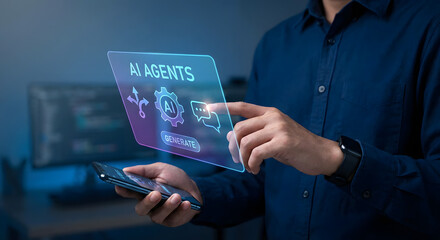 Man interacting with AI agents on smartphone