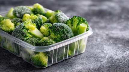 A plastic container holds fresh broccoli florets prepared for cooking. The green vegetable is arranged neatly and ready for use in a meal.