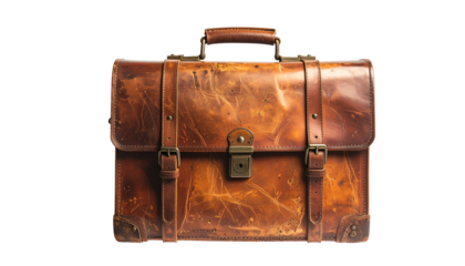 Weathered brown leather briefcase, visible stitching, clasps, handle, on black background