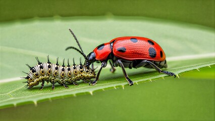 Red Ladybug On Green Leaf With Spiky Caterpillar In Sharp Macro Closeup