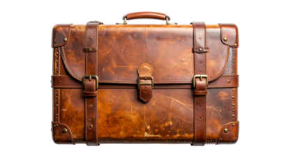 A worn, brown leather suitcase with buckles, straps, and a handle, isolated on black