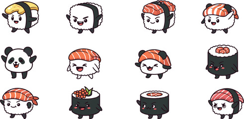 Cartoon sushi characters with various expressions smiling panda © Riyaj Vector Valley