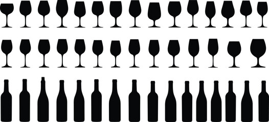 Black silhouettes of wine glasses and bottles on white background wine bottles drinkware