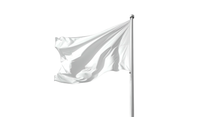 A pristine white flag flutters in the wind against a black background, suggesting surrender