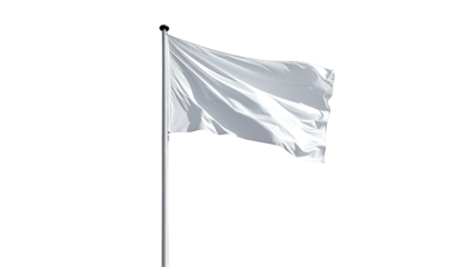 A pristine white flag flutters atop a pole against a black background