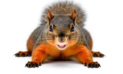 Obraz premium Adorable curious fox squirrel peeking and smiling with orange fur on white background