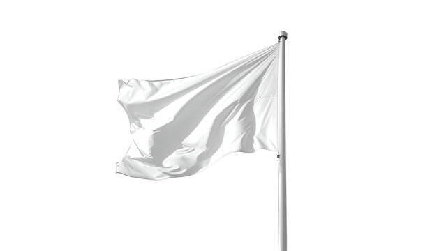 A pristine white flag flutters in the wind against a black background, suggesting surrender